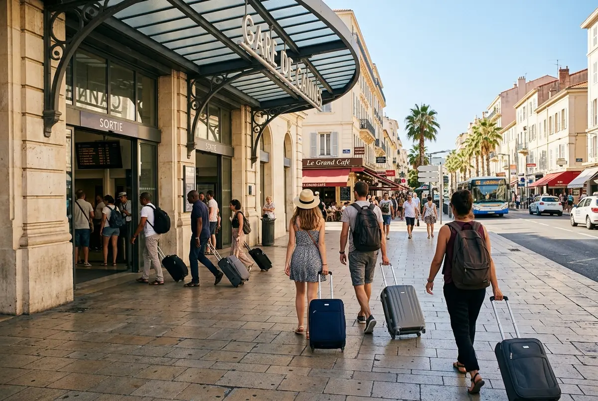 Travelers with rolling luggage walking out of the Cannes train station entrance toward the town center on a sunny day