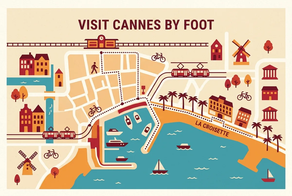 Simple illustrated map of central Cannes showing the train station connected by a walking route to the port and La Croisette