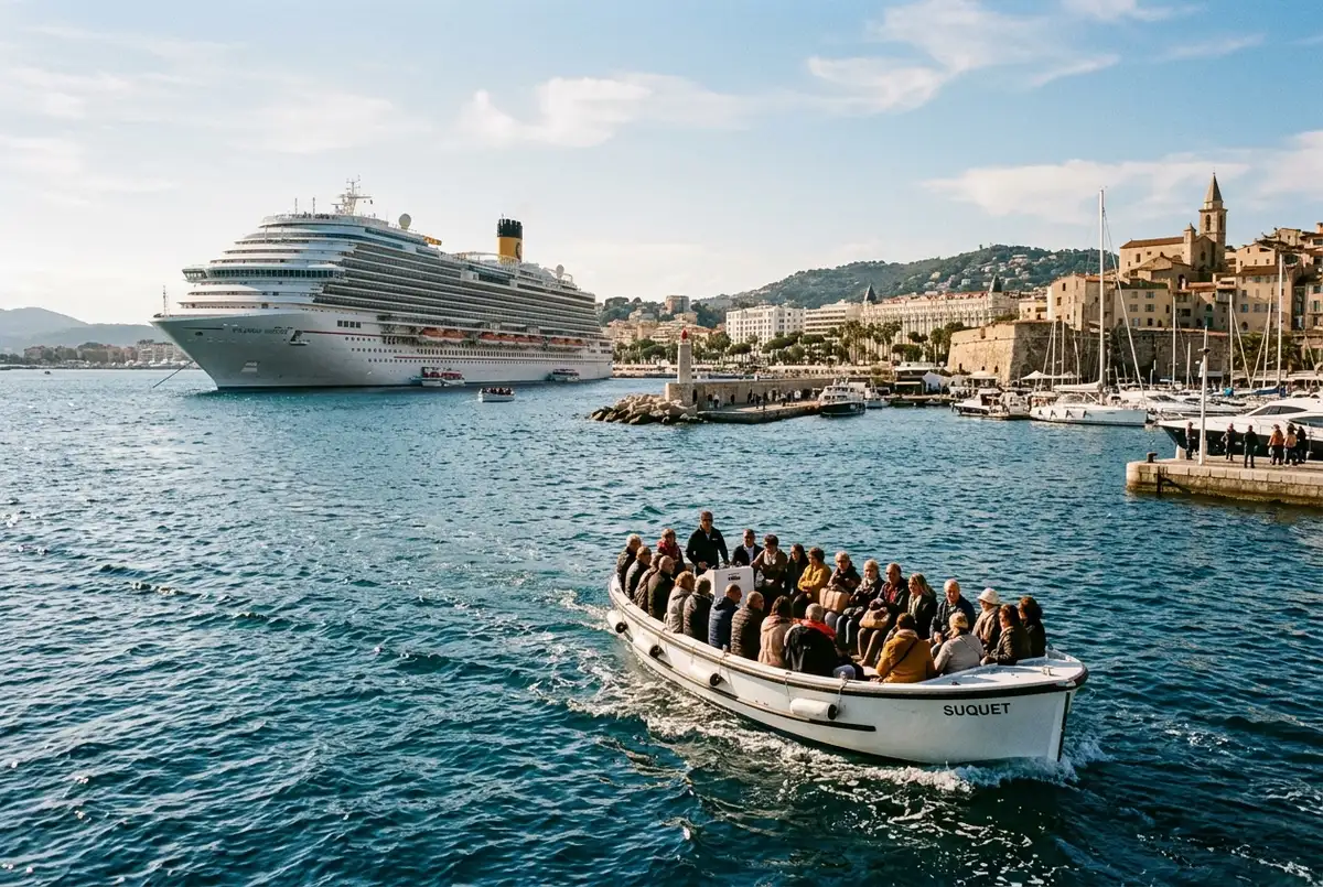 Large cruise ship anchored in the bay of Cannes with a tender boat shuttling passengers toward the Vieux Port at midday