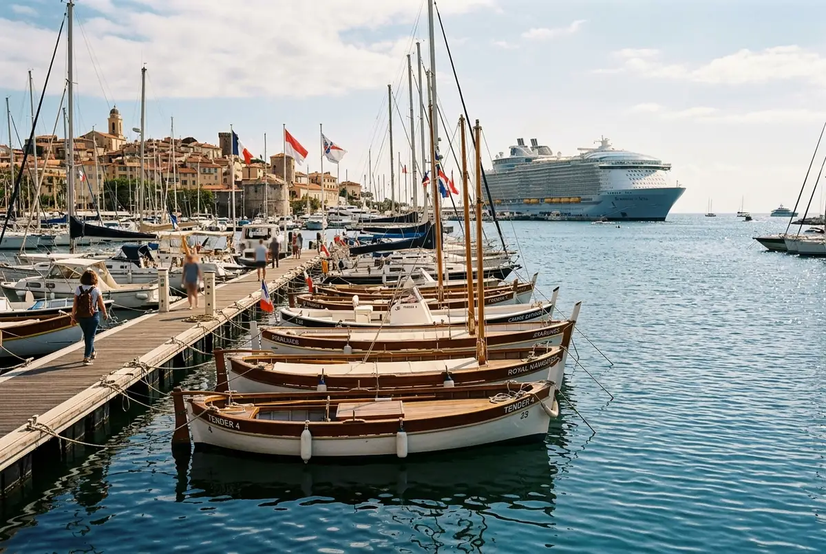 Row of tender boats moored at the Cannes Vieux Port with a large cruise ship visible anchored offshore in the bay beyond