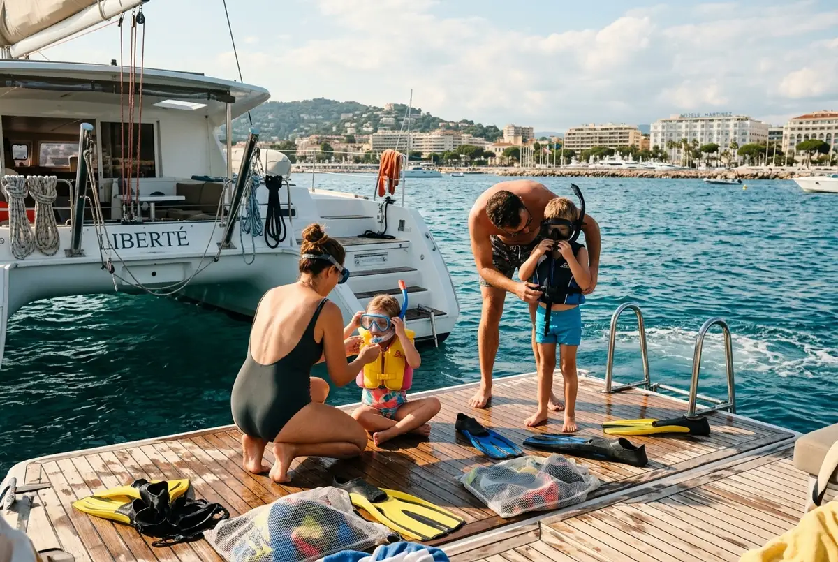 Parents and young children putting on snorkel masks together on the swim deck of a catamaran near Cannes, family boat tour Cannes concept