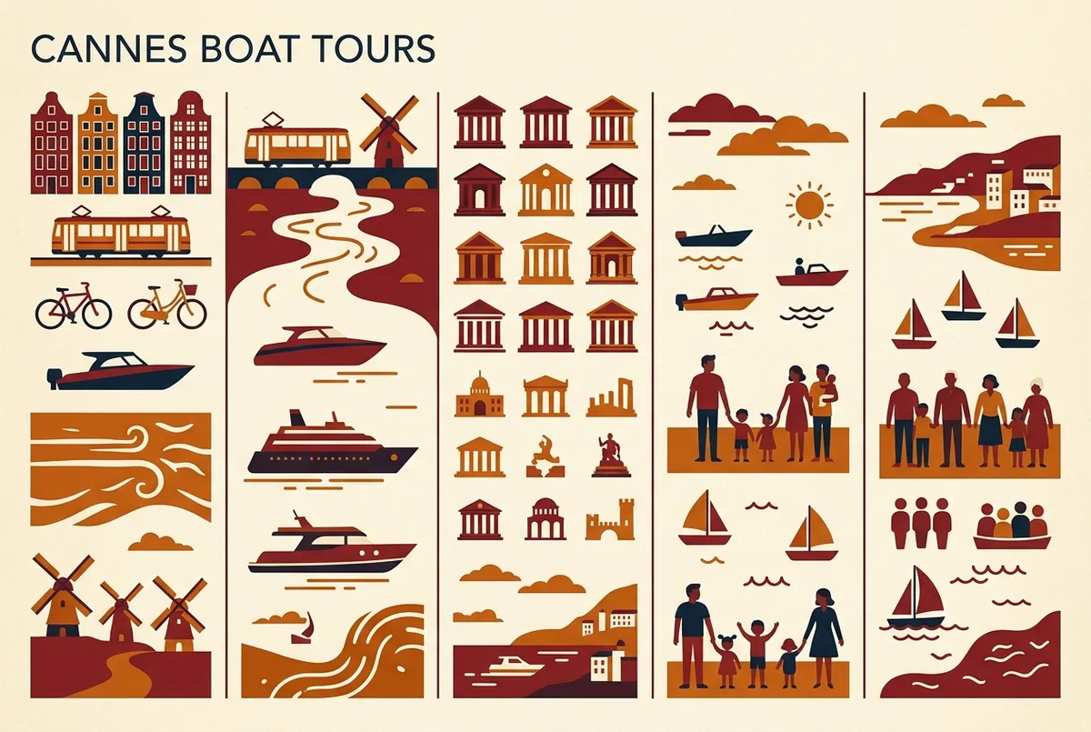 Simple infographic comparing Cannes boat tour options by trip length and swim stop suitability for young children