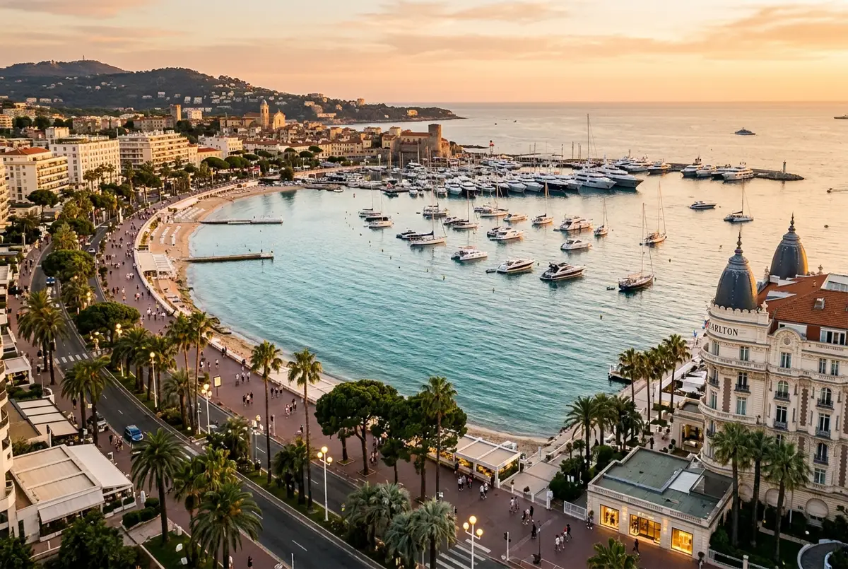 Sweeping view of the Cannes Croisette promenade and palm-lined bay on the French Riviera at golden hour, yachts anchored offshore