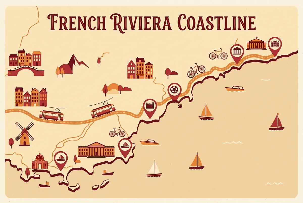 Simple illustrated map of the French Riviera coastline with Cannes, Nice, Antibes, Saint-Tropez and Monaco marked as labeled pin icons