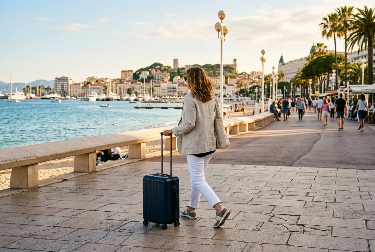 Traveler with a rolling suitcase walking through Nice Cote d'Azur Airport arrivals hall, planning the trip to getting to Cannes