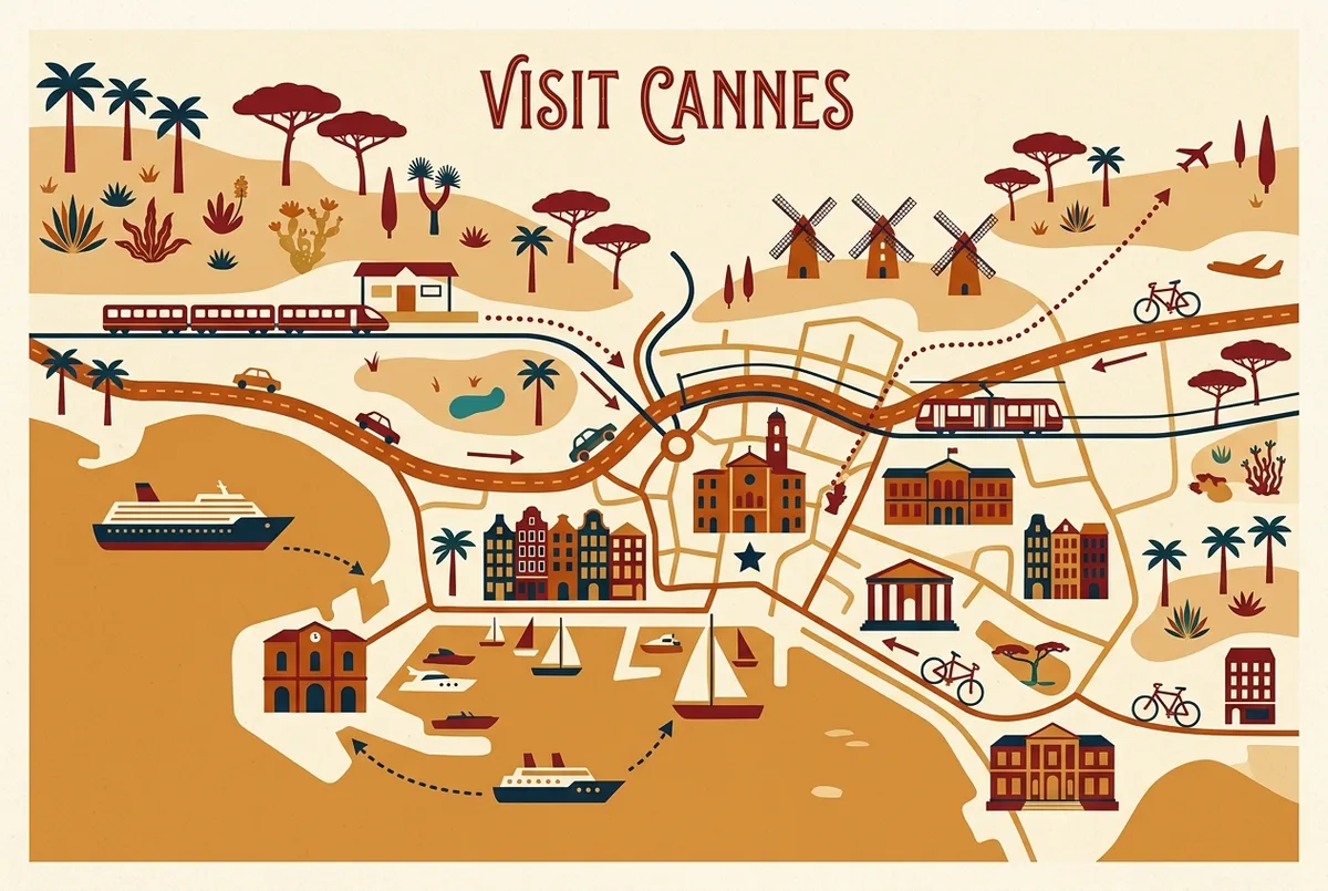 Simple illustrated map showing routes into Cannes labeled airport, train station, road and cruise port converging on the town center