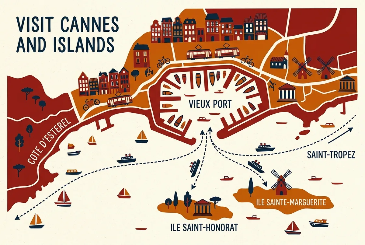 Map of Cannes Vieux Port with boat routes to the Lerins Islands, the Esterel coast and Saint-Tropez