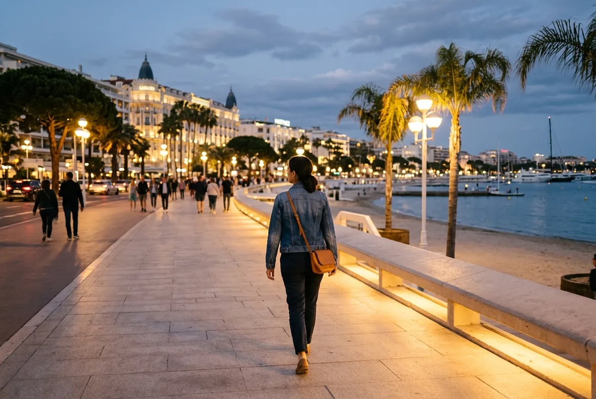 Traveler walking confidently along the well lit Cannes Croisette promenade at dusk, illustrating that Cannes is safe for tourists