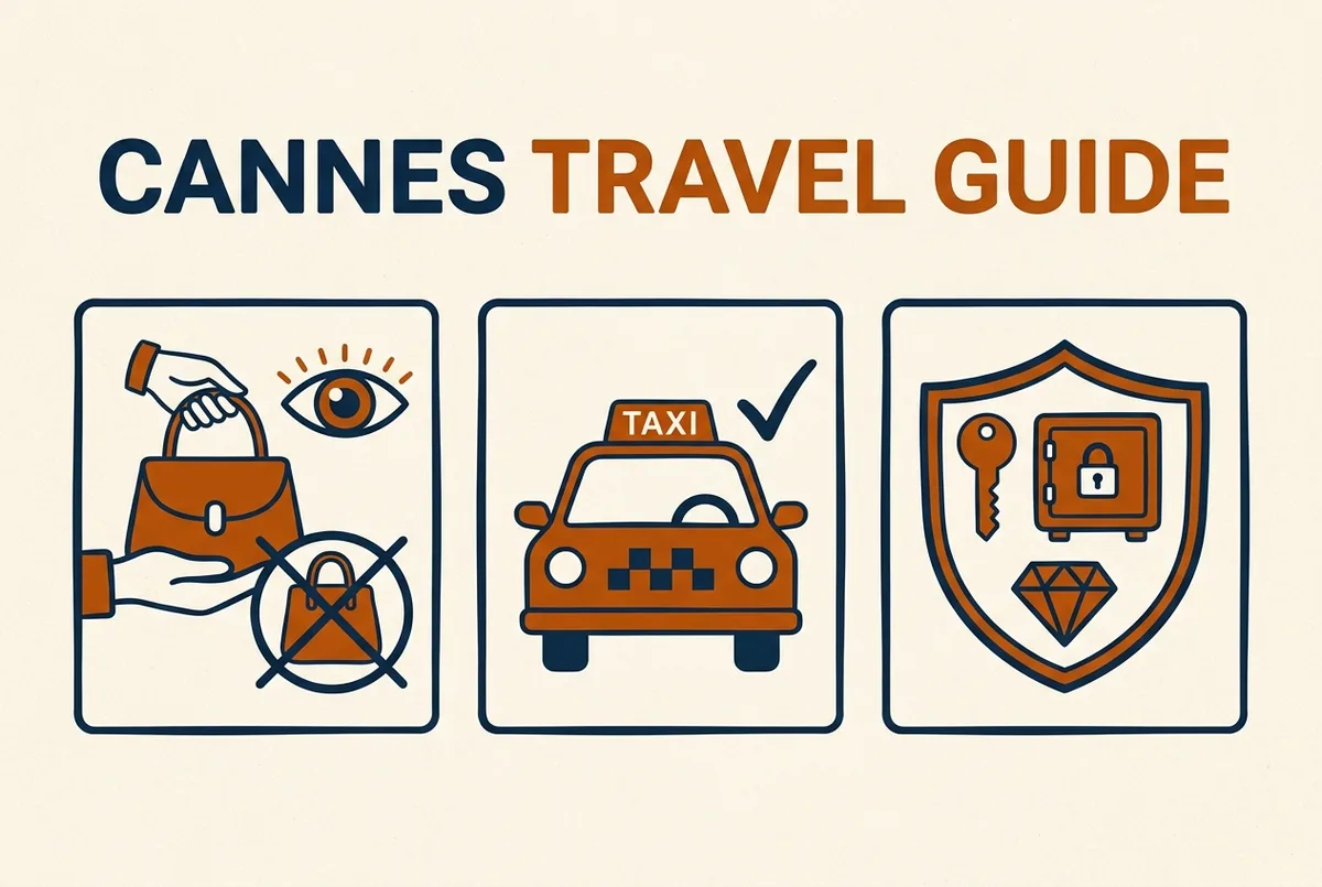 Simple flat-style infographic showing three safety tips for Cannes labeled watch your bag, use official taxis and secure valuables with icon illustrations