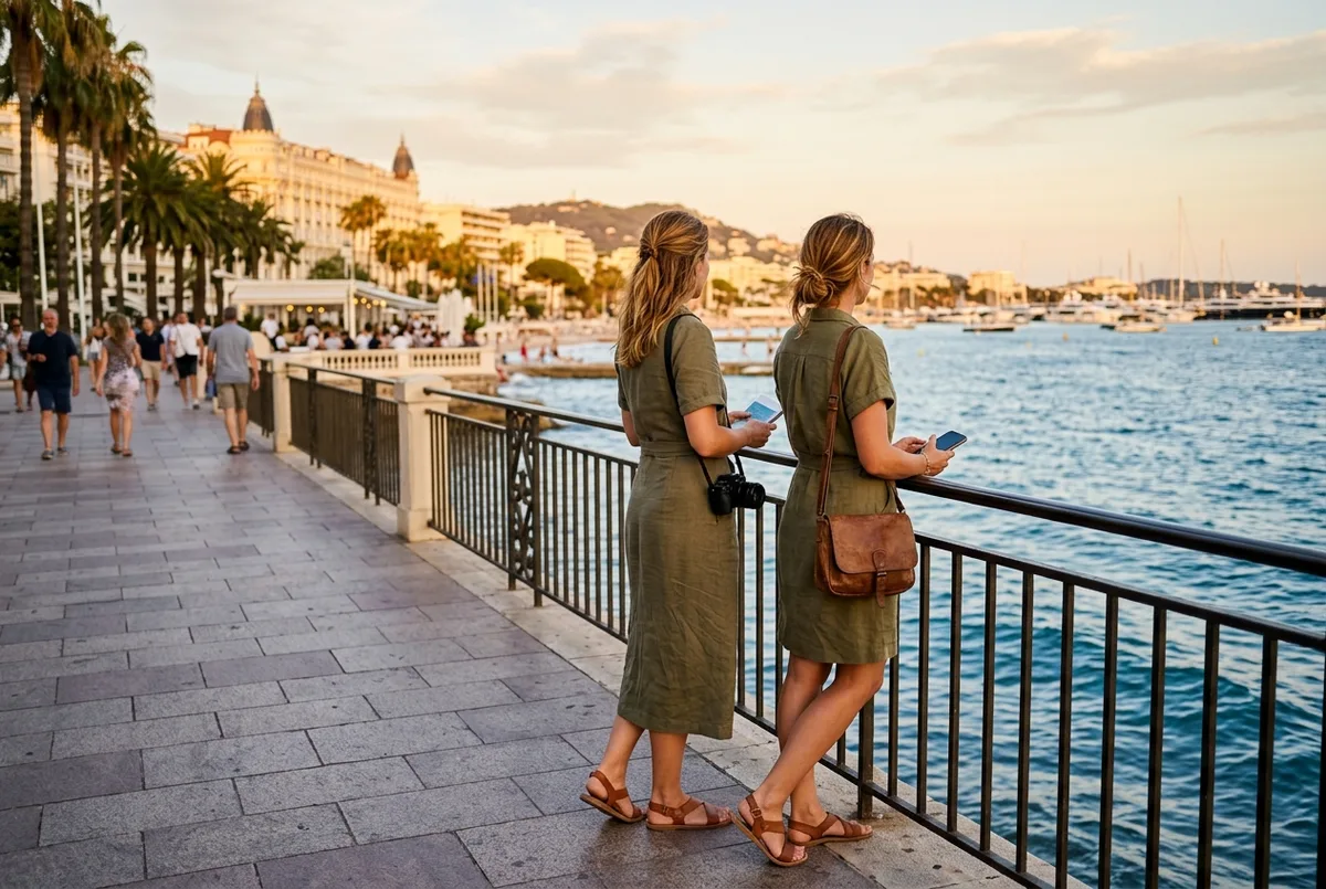 Traveler pausing on the Cannes Croisette promenade at golden hour, weighing whether visiting Cannes is worth it against the sea view