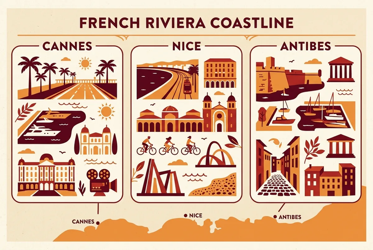 Simple comparison infographic icons contrasting Cannes, Nice and Antibes travel highlights along the French Riviera coastline