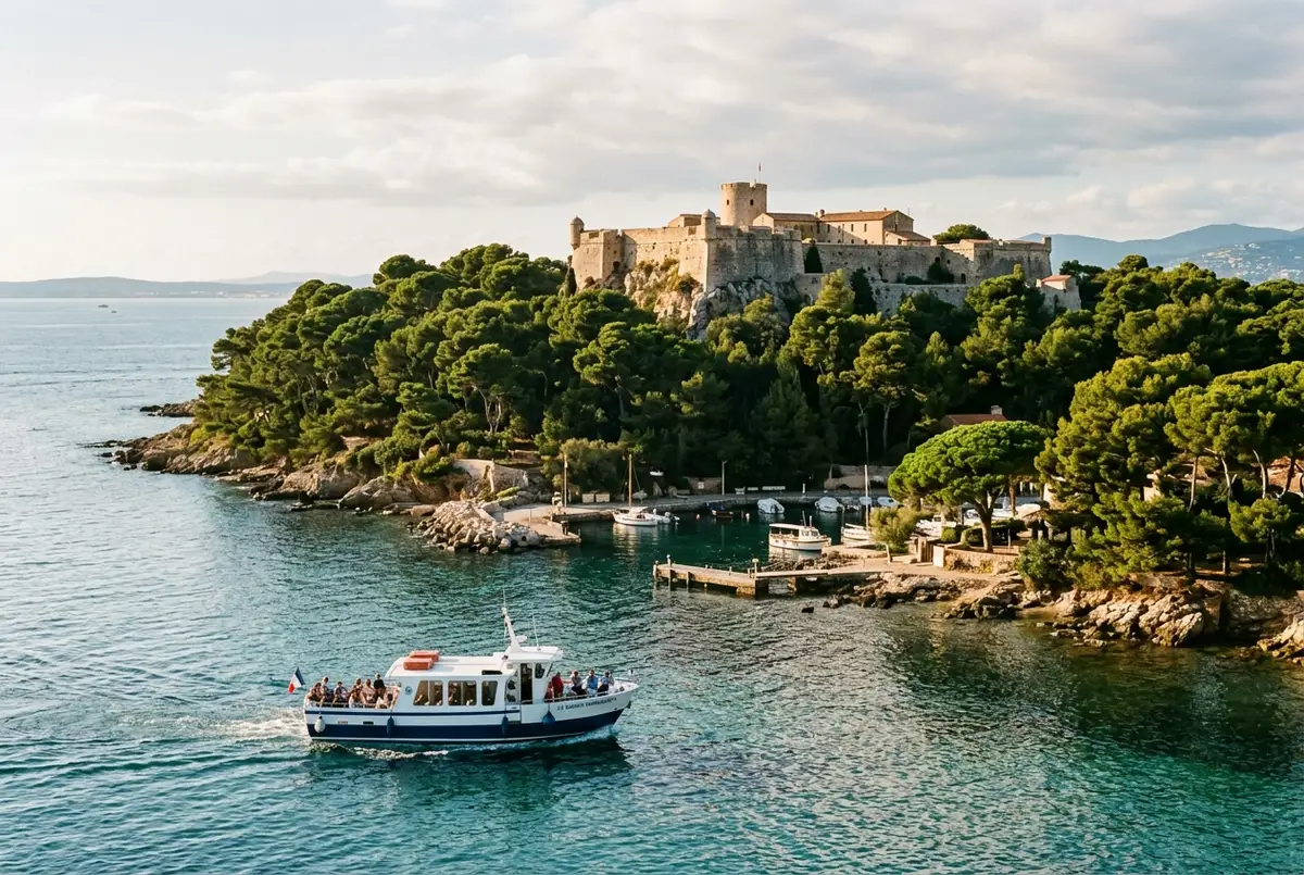 Small ferry approaching the pine covered shoreline of Sainte-Marguerite island near Cannes with Fort Royal visible above the trees