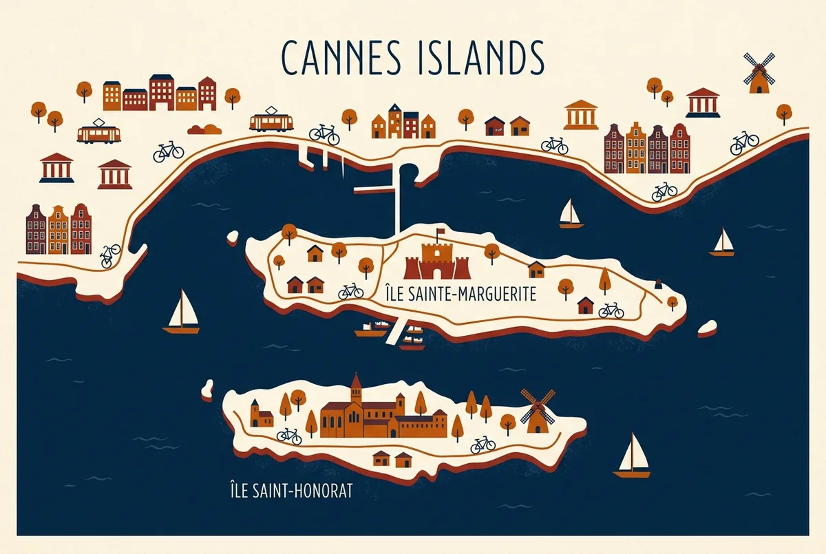 Simple map illustration of Sainte-Marguerite and Saint-Honorat islands off the Cannes coast with Fort Royal and the monastery marked