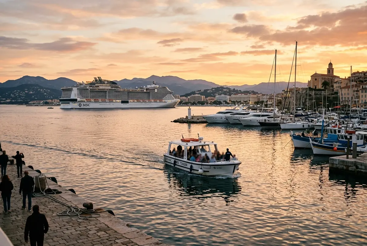 Paquebot MSC ancré dans la baie de Cannes avec une navette qui rejoint le Vieux Port au petit matin, msc croisière départ cannes