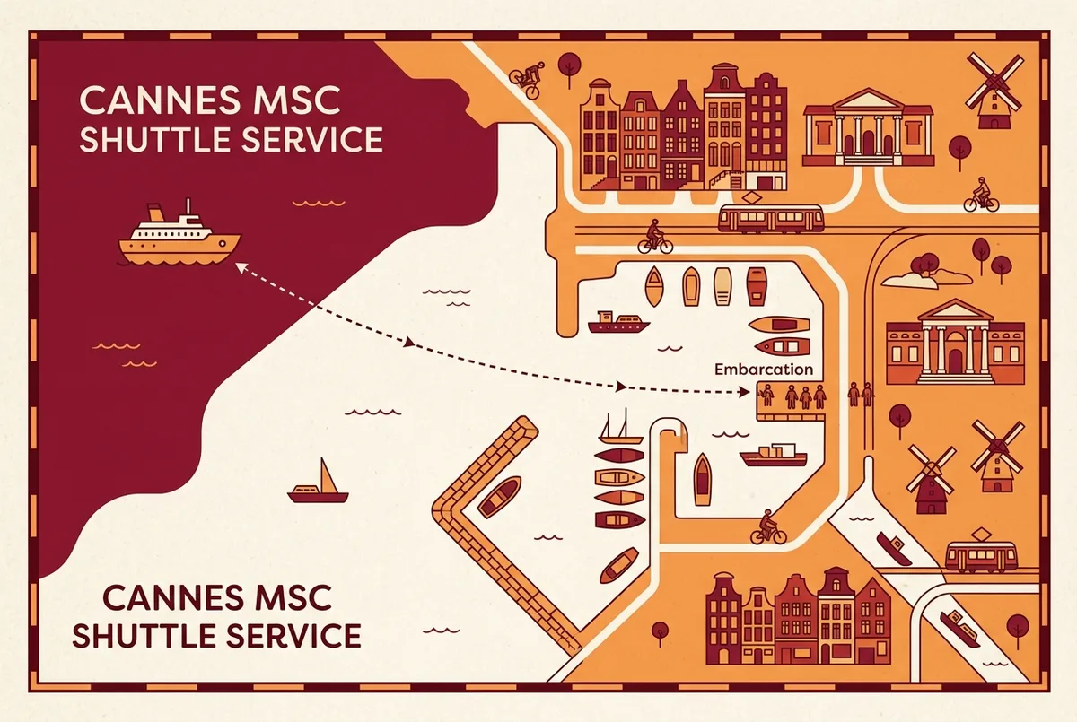 Carte simple montrant la zone de mouillage MSC dans la baie de Cannes et le trajet de la navette jusqu'au Vieux Port, embarquement MSC Cannes