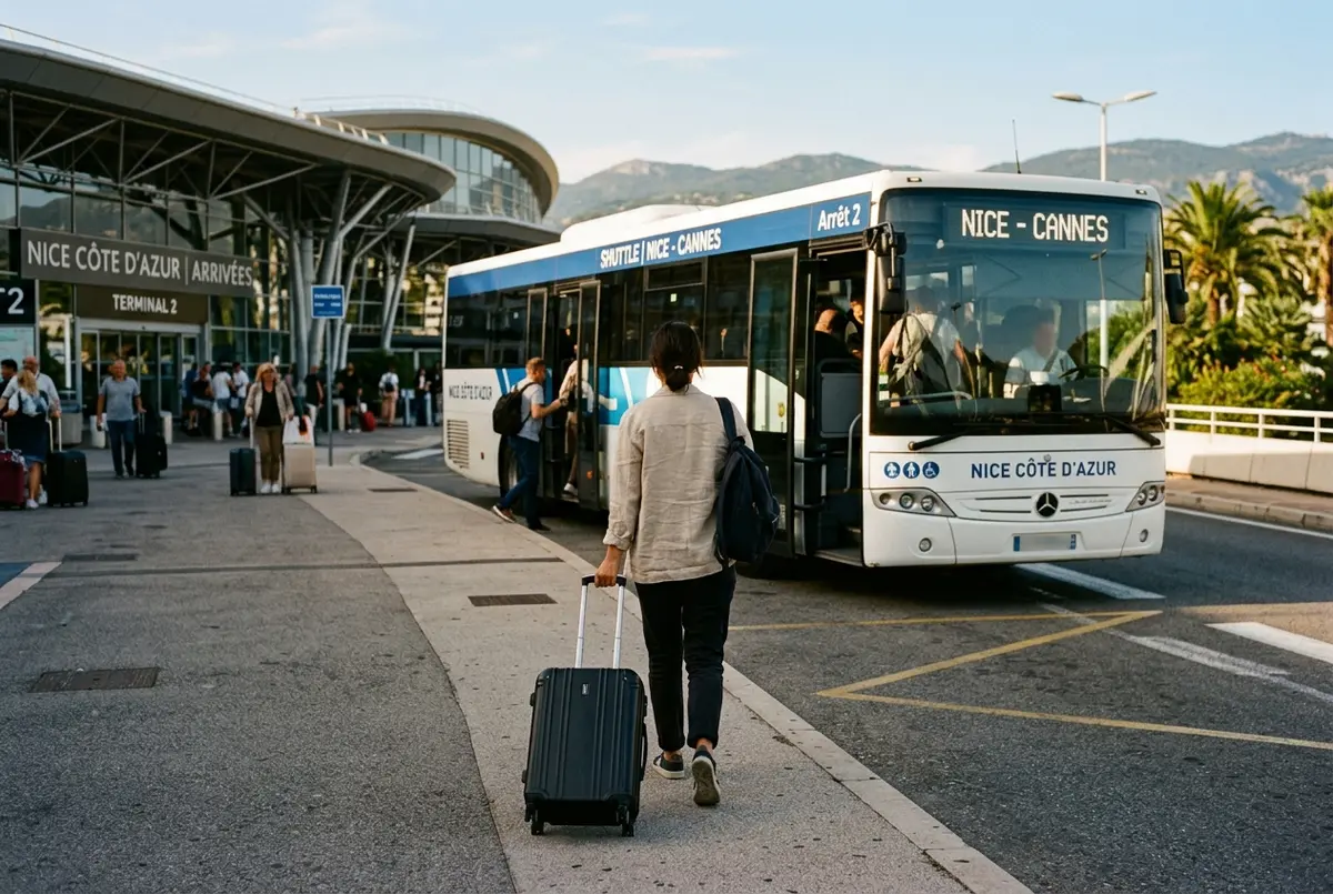 Traveler wheeling a suitcase toward an airport shuttle bus at Nice Cote d'Azur Airport, making the trip from Nice airport to Cannes