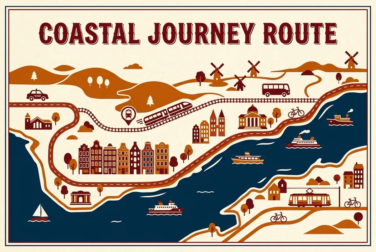 Simple illustrated map showing the route from Nice airport to Cannes labeled with train, taxi and shuttle icons along the coastline