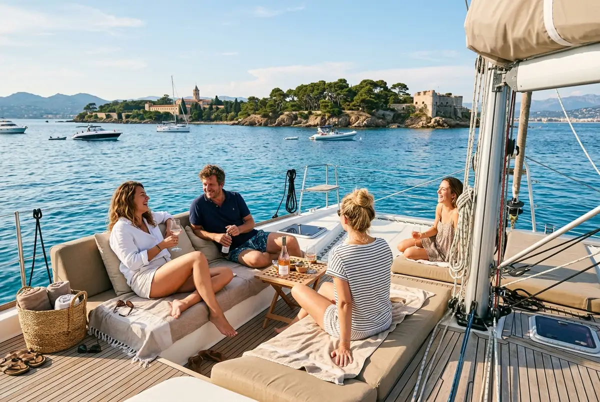 Small group relaxing on the deck of a private chartered boat anchored near the Lerins Islands off Cannes, private boat tour concept