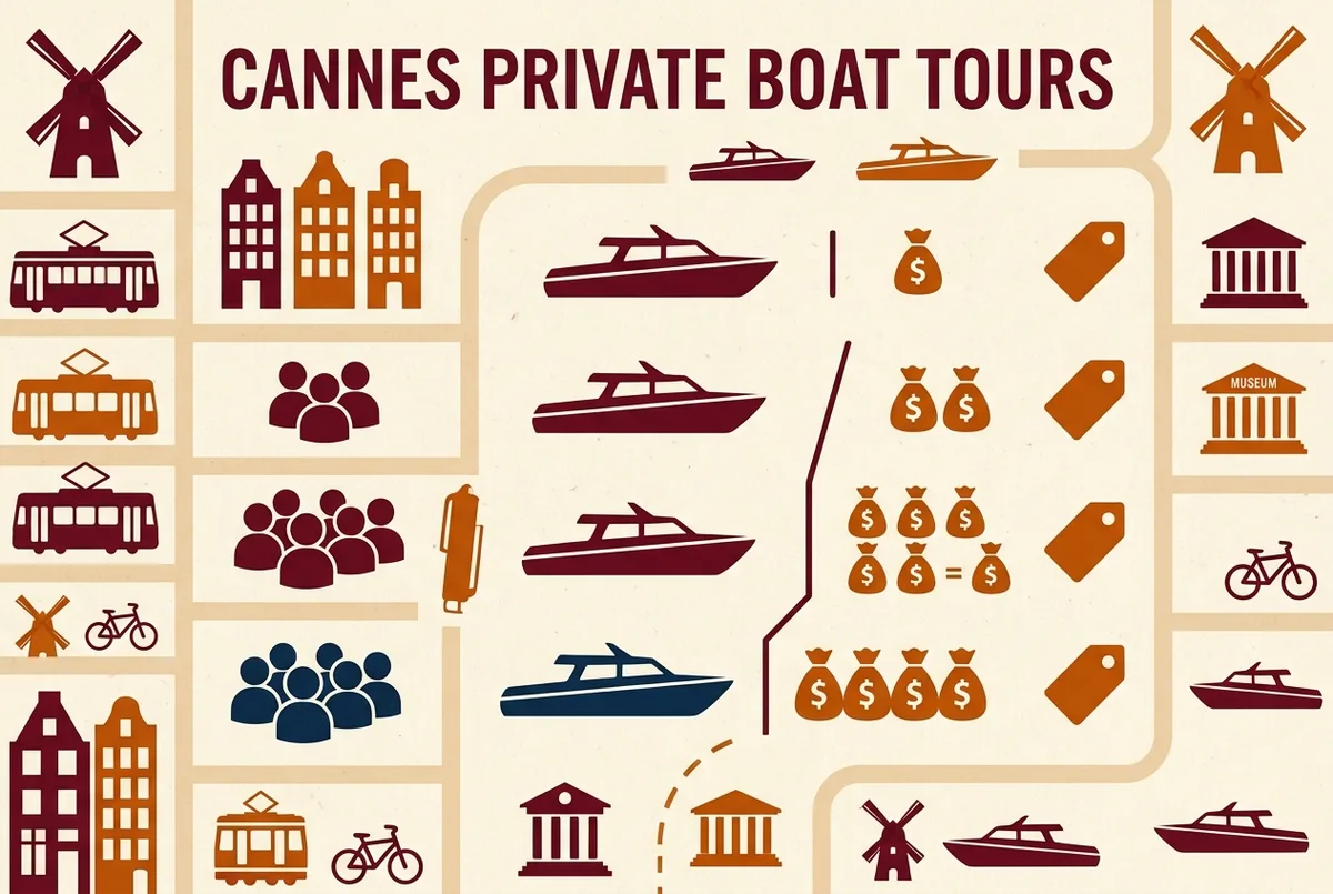 Simple price comparison infographic for private boat tour options in Cannes, per-boat cost versus per-person cost across group sizes
