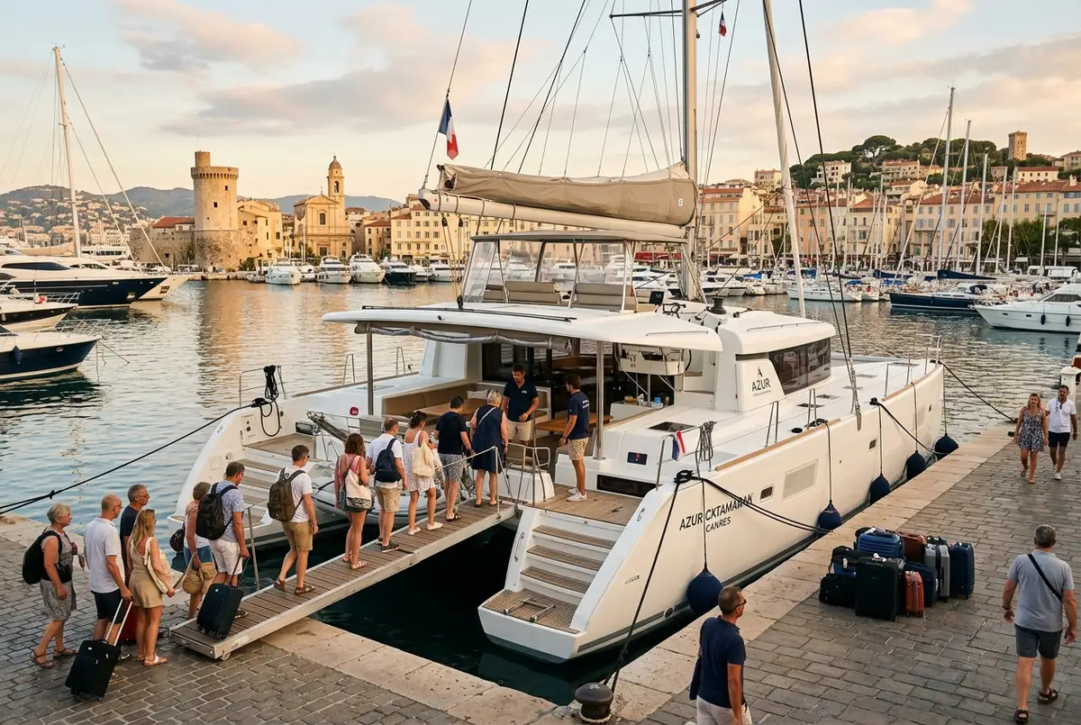 Catamaran de croisière amarré au Vieux Port de Cannes avec des passagers qui embarquent au matin, rivage croisière catamaran cannes