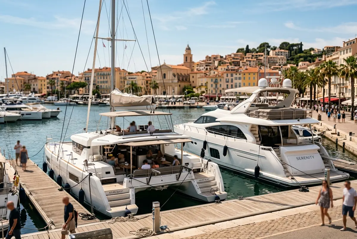 Side by side view of a sailing catamaran and a private motor yacht docked in the Cannes Old Port at midday, types of boat tours in Cannes concept