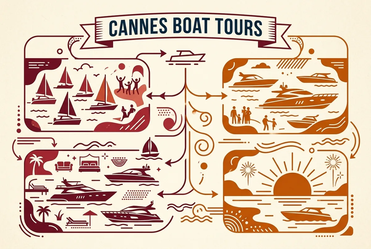 Simple decision infographic comparing shared catamaran, private charter, luxury motor yacht and sunset cruise options for a Cannes boat tour