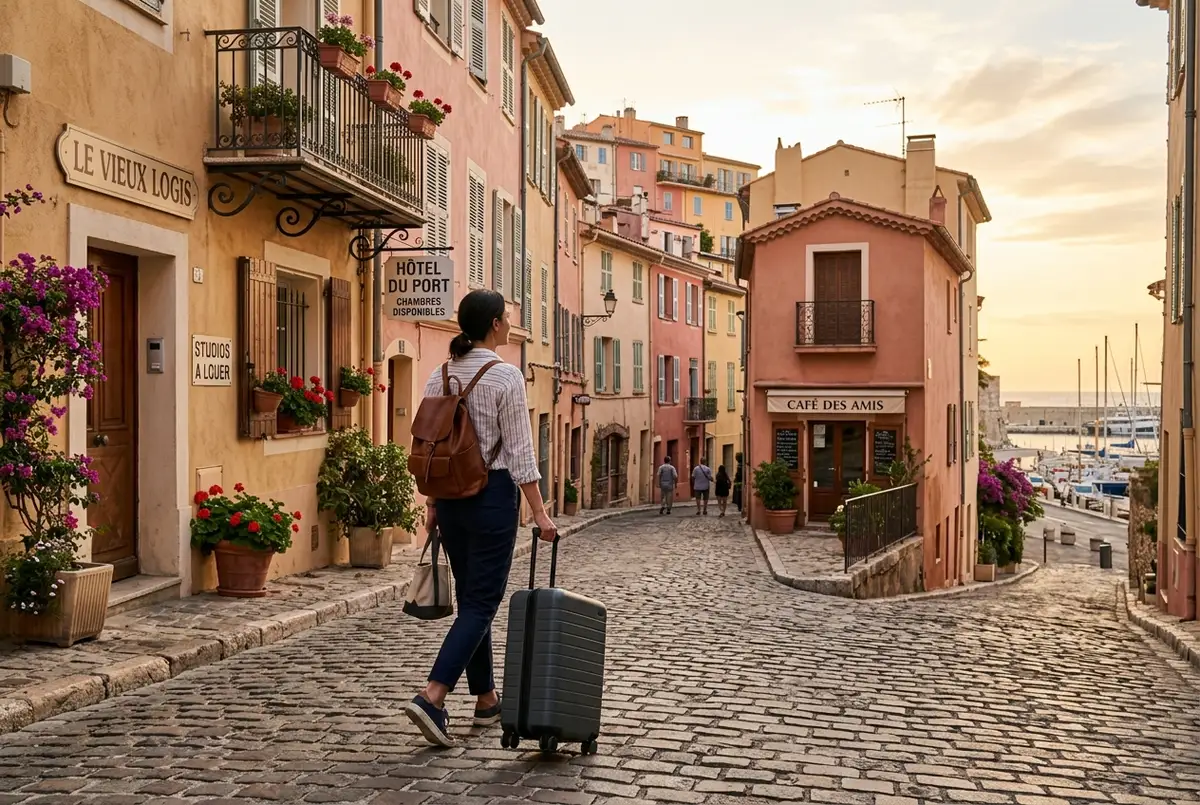 Traveler wheeling a suitcase past pastel old town buildings near the Cannes port at golden hour, deciding where to stay in Cannes