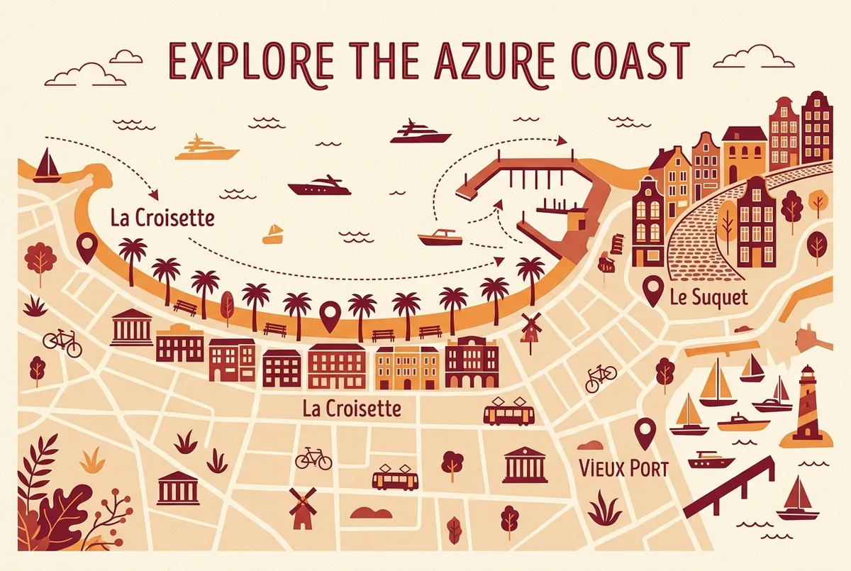 Simple illustrated map of central Cannes labeled with La Croisette, Le Suquet and the Vieux Port as pin icons along the bay